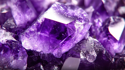 A close-up of vibrant purple amethyst crystals, showcasing their sharp, angular formations and translucent, shimmering surfaces