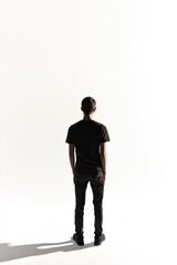 Isolated person standing on a white background, minimal shadows, full body shot