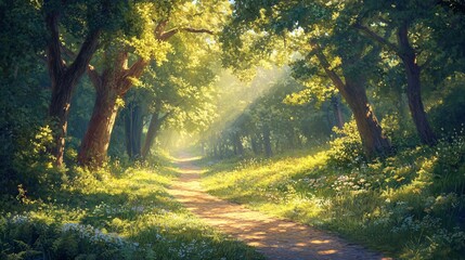Fototapeta premium A sun-drenched path winds through a lush green forest, dappled sunlight illuminating the way.