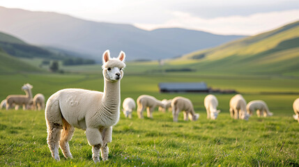 Obraz premium A white alpaca stands in a field and alpacas graze in the background. Rolling hills are visible in the distance.