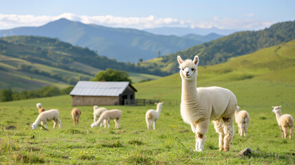 Fototapeta premium A white alpaca stares with a herd of alpacas grazing in the background, nestled in a lush green mountain valley.