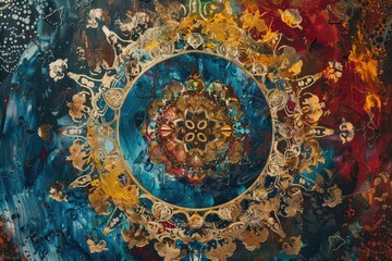 Fototapeta premium mandala colorful vintage art, ancient Indian vedic background design, old painting texture with multiple mathematical shapes