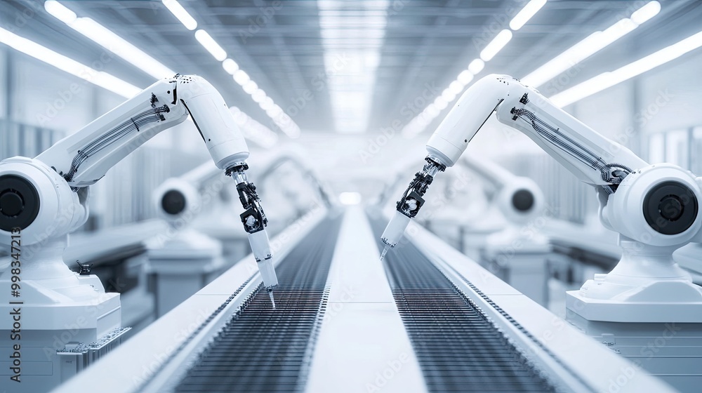 Poster machine automation in a manufacturing facility, robots working seamlessly
