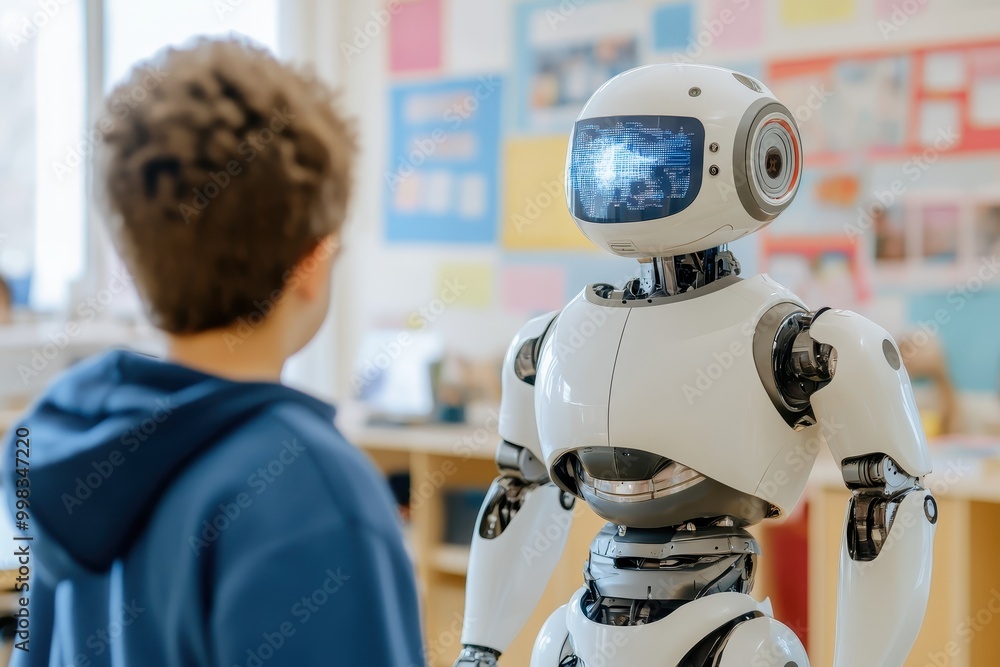 Poster a child interacts with a humanoid robot in a classroom setting.