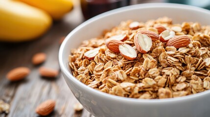 Healthy granola with almonds in white bowl for nutritious breakfast