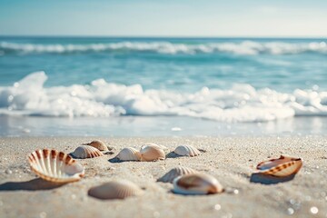 On the sandy beach by the sea there are seashells scattered about It s the perfect spot for a relaxing seaside vacation with plenty of copy space image