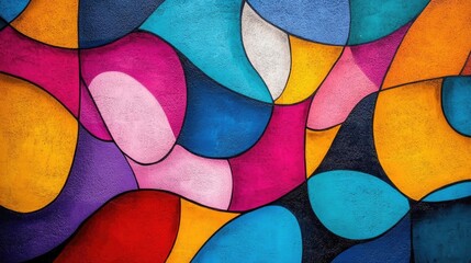 Fototapeta premium Tilted angle view of vibrant street art depicting everyday simplicity meeting utopian dreams, bright colors and whimsical shapes
