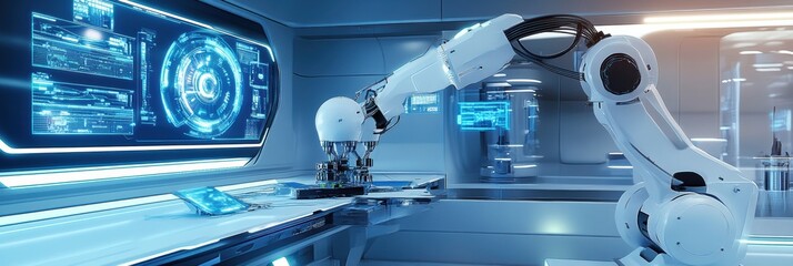 A robotic arm meticulously assembles advanced machinery within a sleek, high-tech lab featuring glowing panels and holograms. Generative AI