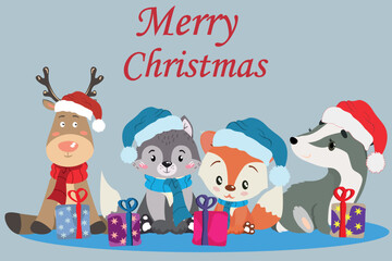 A Christmas card with cute animals in Santa hats. Merry Christmas vector background.