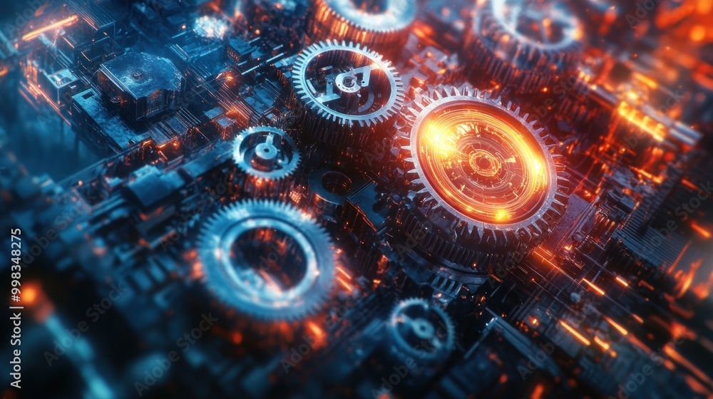 Poster a futuristic depiction of interconnected gears and circuits with glowing elements.