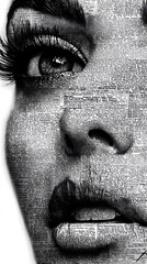 Black-and-white newspaper photograph of a beautiful woman's face, created from words