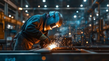 Welder in protective gear working on metal fabrication in an industrial workshop during evening hours