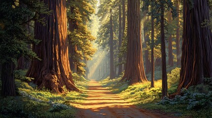 Fototapeta premium A sunlit path winds through a dense forest of towering redwood trees.