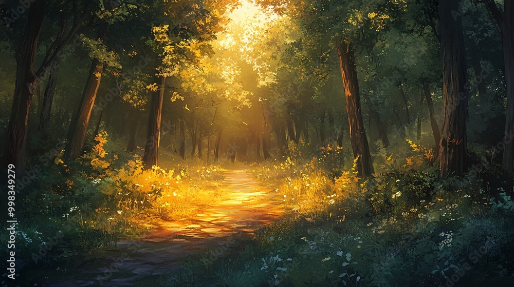 Poster a sunlit path winds through a dense forest, with tall trees lining the way and dappled sunlight filt