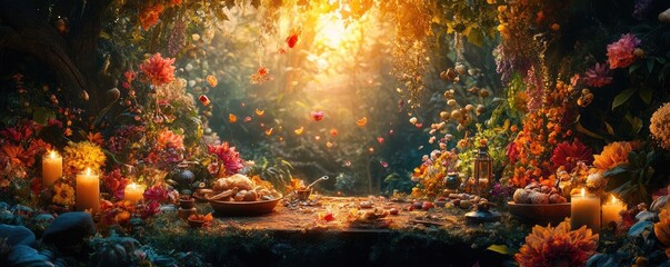 Wide-angle view of a magical forest kitchen, enchanted ingredients floating in mid-air, vibrant colors and ethereal light