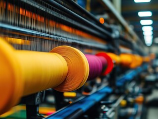 Close-up of colorful spools of thread in a textile manufacturing facility, showcasing vibrant colors and industrial equipment in action.