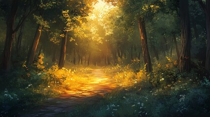 Obraz premium A sunlit path winds through a dense forest, with tall trees lining the way and dappled sunlight filtering through the leaves.