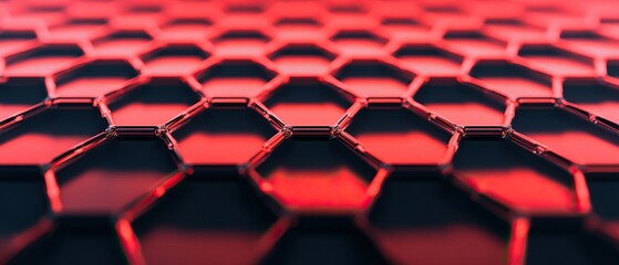 Obraz premium Close-up view of a striking red hexagonal pattern on a dark background, showcasing geometric design and modern aesthetics.