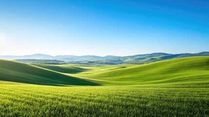 Obraz premium Rolling hills landscape with lush green fields under a clear blue sky, peaceful scenery