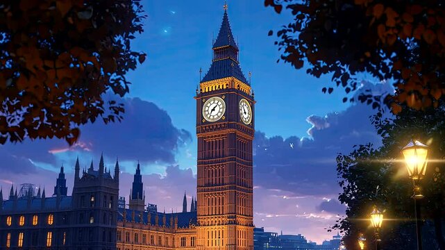 Twilight view of Big Ben clock tower framed by trees in London. Seamless looping 4k video background.