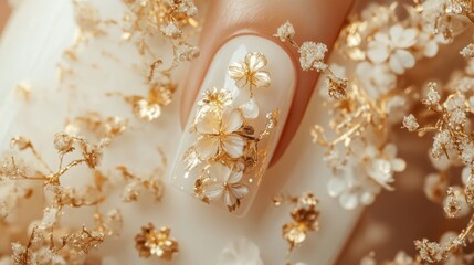 Elegant Nail Art with Gold Flower Design. Perfect for Business and Advertising