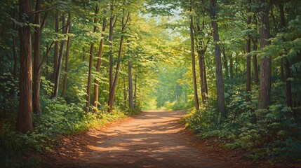 Fototapeta premium A sunlit path winds through a lush forest, dappled light creating a magical atmosphere.