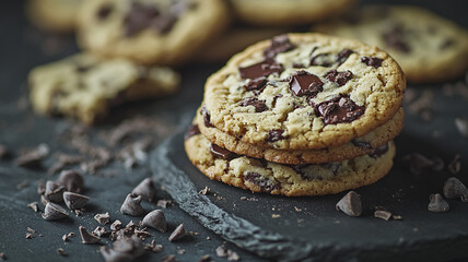 Delicious chocolate chip cookies stacked on a slate plate to celebrate National Cookie Day