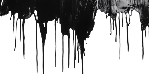 Textured strokes of black paint with drips, splashes and spots isolated on white background