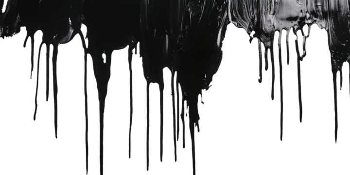 Textured strokes of black paint with drips, splashes and spots isolated on white background
