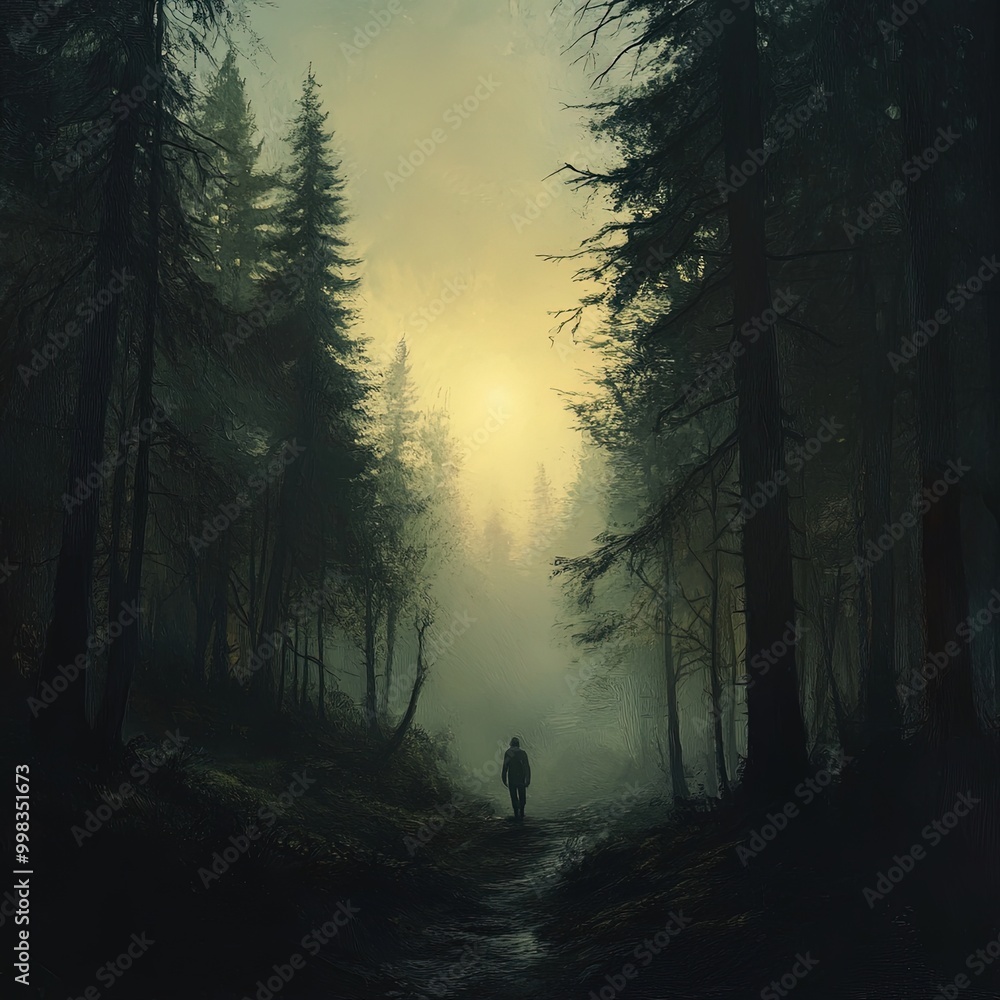 Aufkleber serene misty forest path with towering trees and soft light.