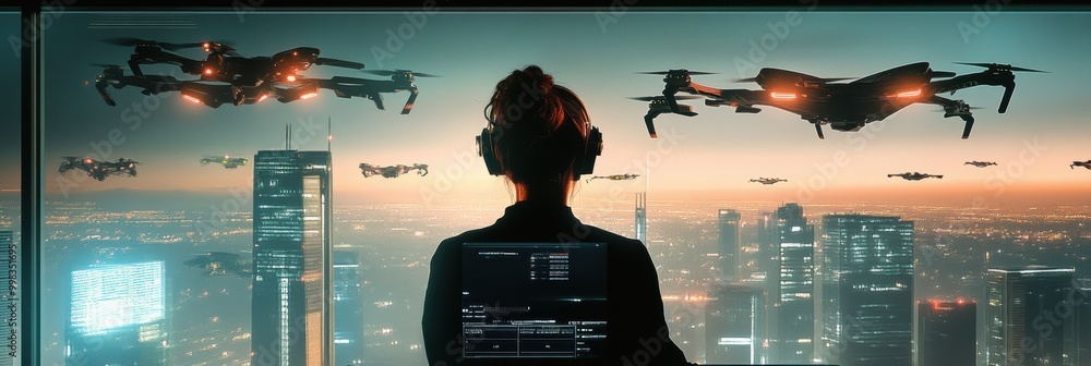 Fototapete The drone pilot skillfully operates a fleet of drones using a touchpad in a modern control room, illuminated by city lights. Generative AI