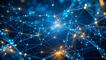 Obraz premium Abstract digital lines, connections, nodes, network mesh, cyberspace, futuristic technology, luminous particles, glowing dots, dark blue background. Abstract connected dots and lines on blue backgroun