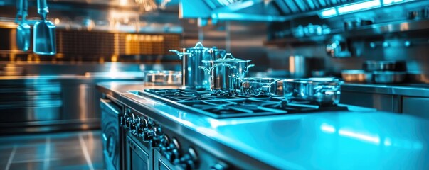 Fototapeta premium Worms-eye view of a vibrant futuristic kitchen, dazzling culinary tools glinting under soft lights, macro photography highlights unique textures, cinematic style, richly detailed