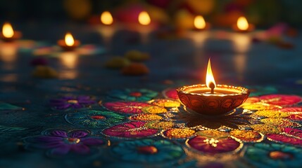 Diwali, Hindu festival of lights celebration. Diya oil lamps against dark background with generative ai
