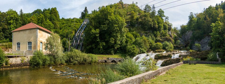 Pertes de l'Ain waterfalls and hydro-electric facility in Bourg-de-Sirod, Jura, France