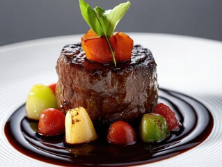 Tender beef with a rich sauce, served on a plate with gourmet presentation