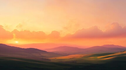 Obraz premium Sunset over rolling hills, the sky painted in warm orange and pink hues, serene atmosphere