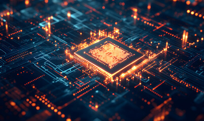 Obraz premium Futuristic AI Chip with Neon Circuits and Dynamic Data Streams in High-Tech Digital Environment