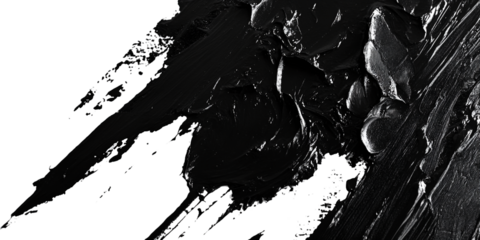 Textured strokes of black paint with drips, splashes and spots isolated on white background