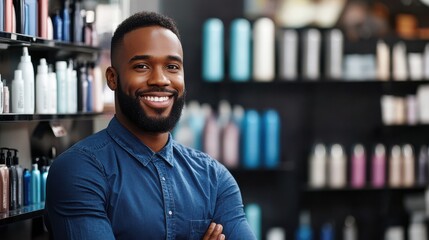 Fototapeta premium Black man smiling at hair salon with beauty products, real photography portrait