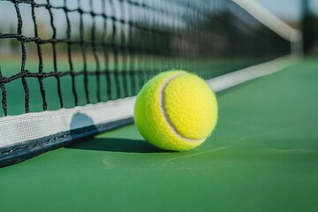Close-up of tennis ball on the court the net