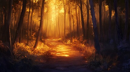 Fototapeta premium A warm, golden light shines through the trees, illuminating a path leading into the heart of the forest.