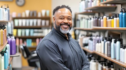 Obraz premium Black man smiling at hair salon with beauty products, real photography portrait