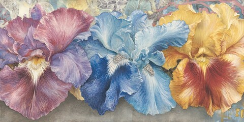 Vibrant floral collage with colorful iris bouquet for spring decor.