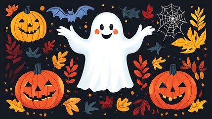 Fun Halloween ghost surrounded by pumpkins and autumn leaves for festive decoration