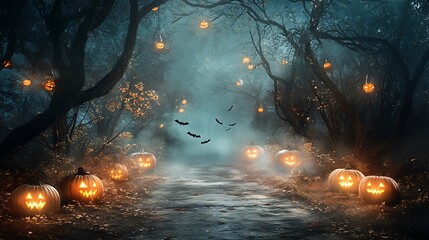 Enchanting Halloween pathway filled with glowing pumpkins and flying bats in a mystical forest