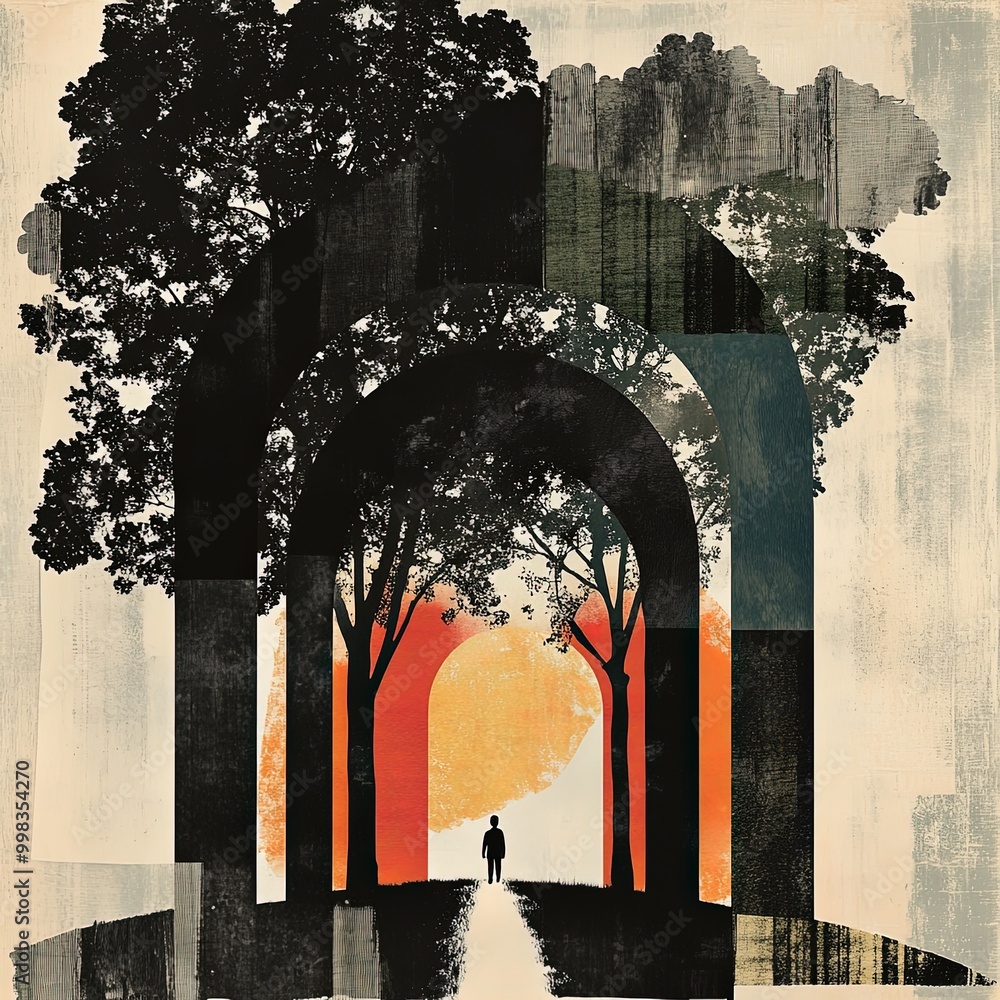 Aufkleber mystical journey through a misty forest of towering trees and soft light.