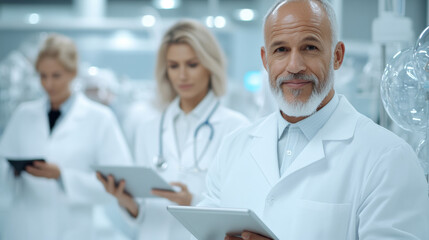 Fototapeta premium A group of doctors in white coats holding tablets and smiling, AI