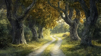 Fototapeta premium A winding dirt path leads through a lush green forest, sunlight filtering through the trees.