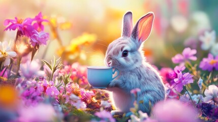 Adorable Rabbit with Teacup in a Flower Garden